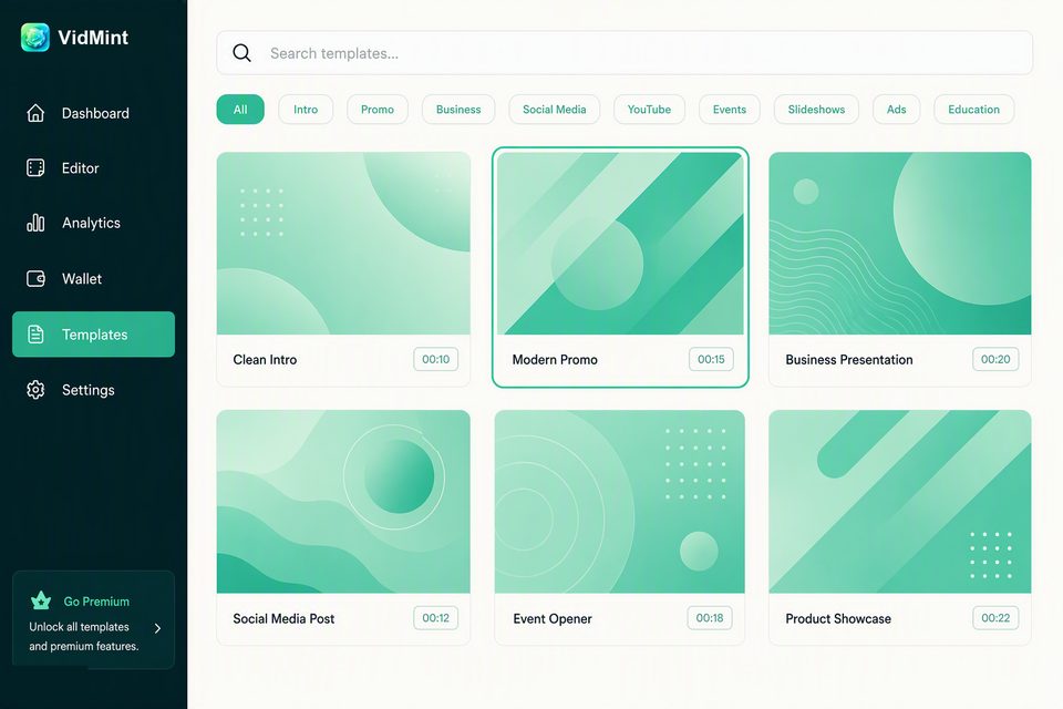VidMint desktop template library of short video formats in the browser