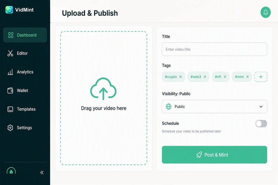 VidMint web upload and publish page for posting short videos from desktop
