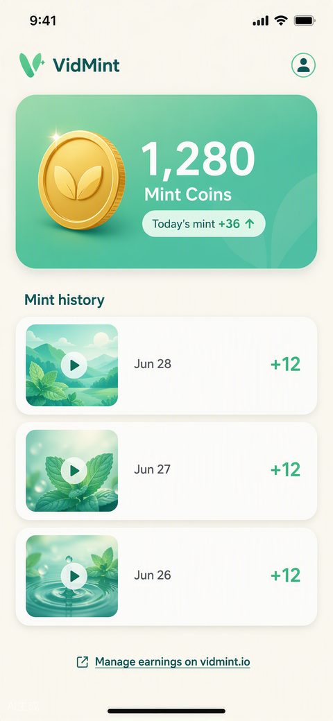 VidMint mint rewards wallet showing a creator's minted coins balance