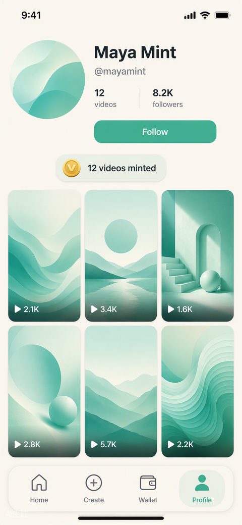 VidMint creator community profile page with published short videos
